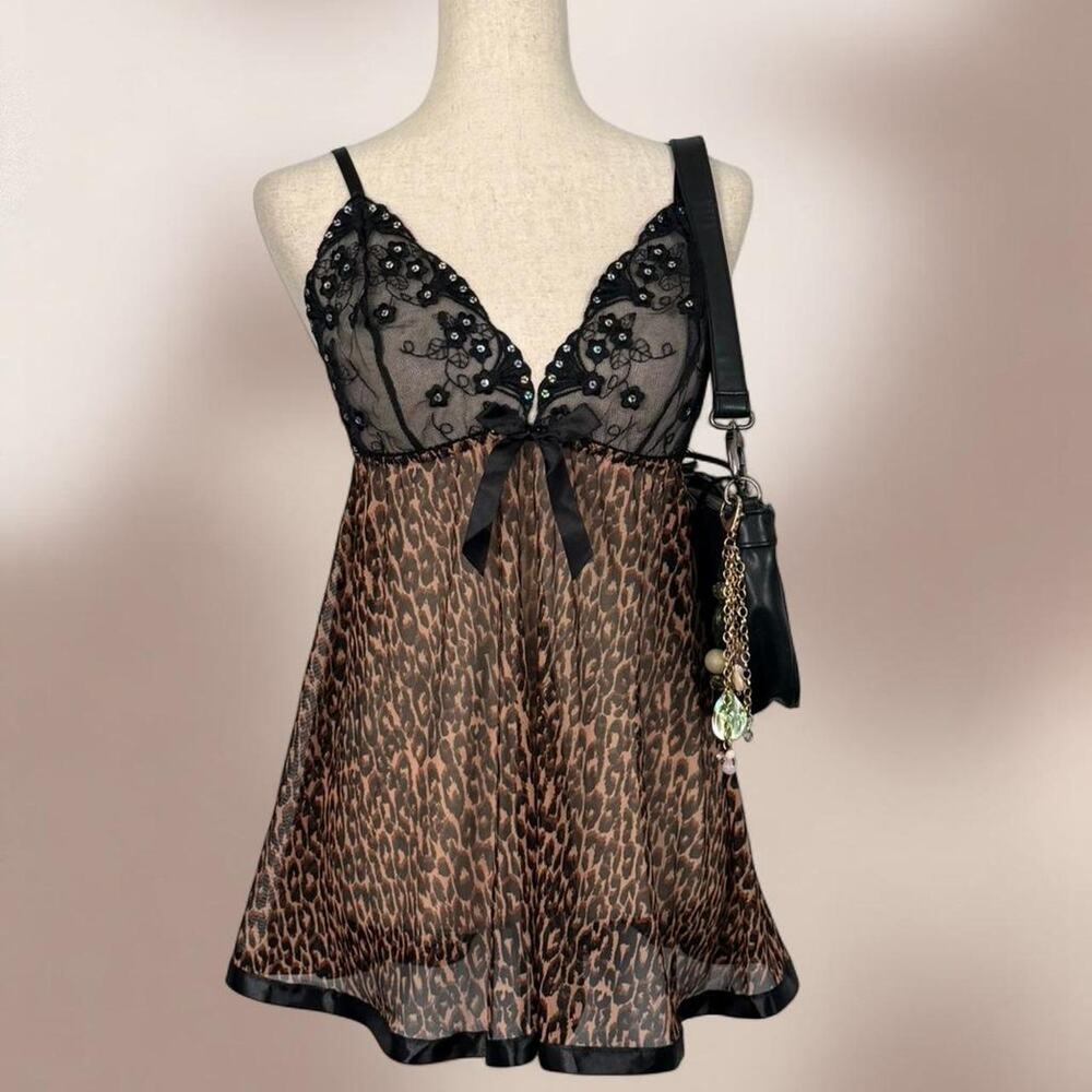 Leopard print babydoll slip lingerie sheer sequin floral embroidered sexy top
